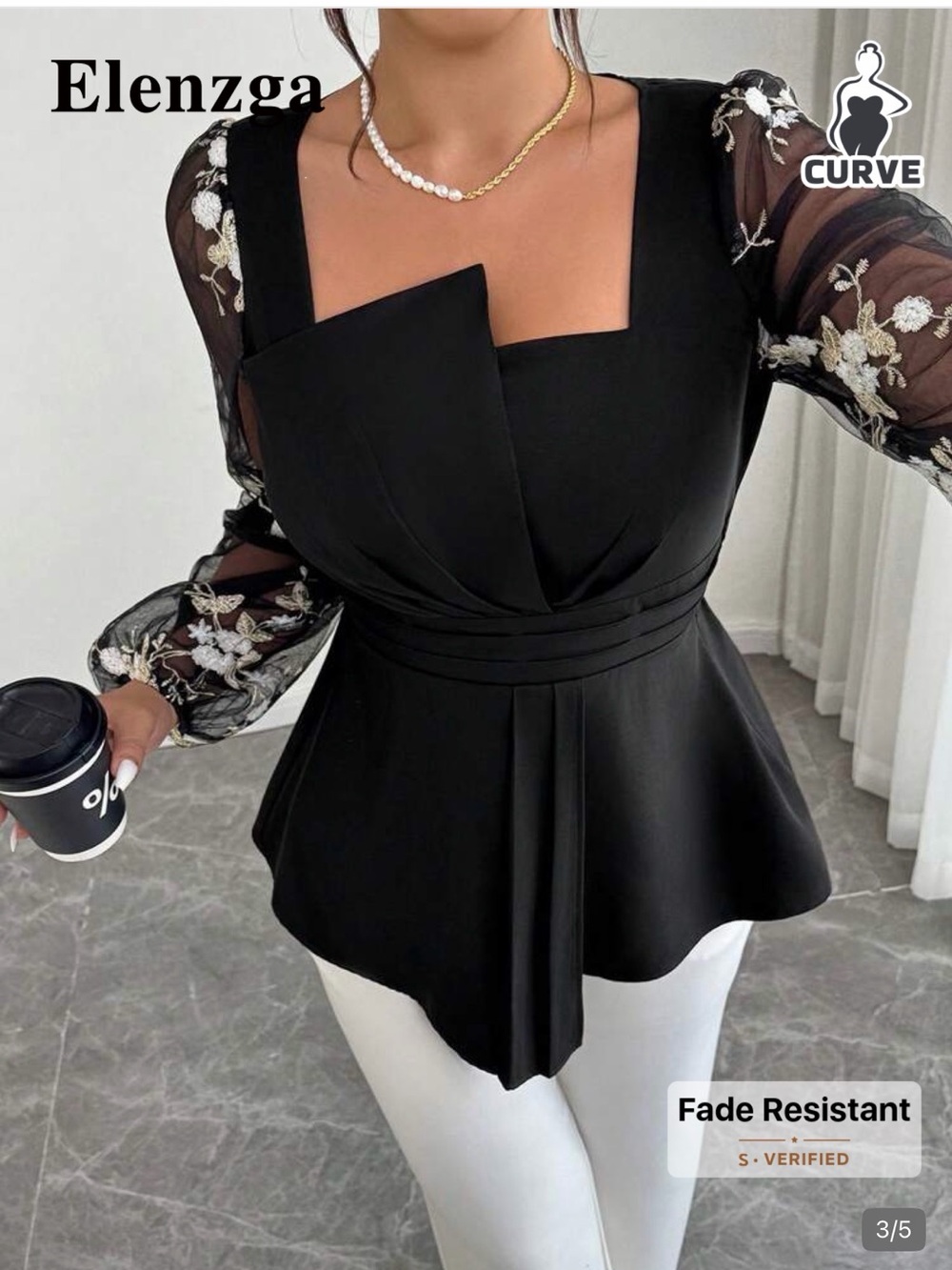 SHEIN Black Peplum Top with Sheer Floral Sleeves